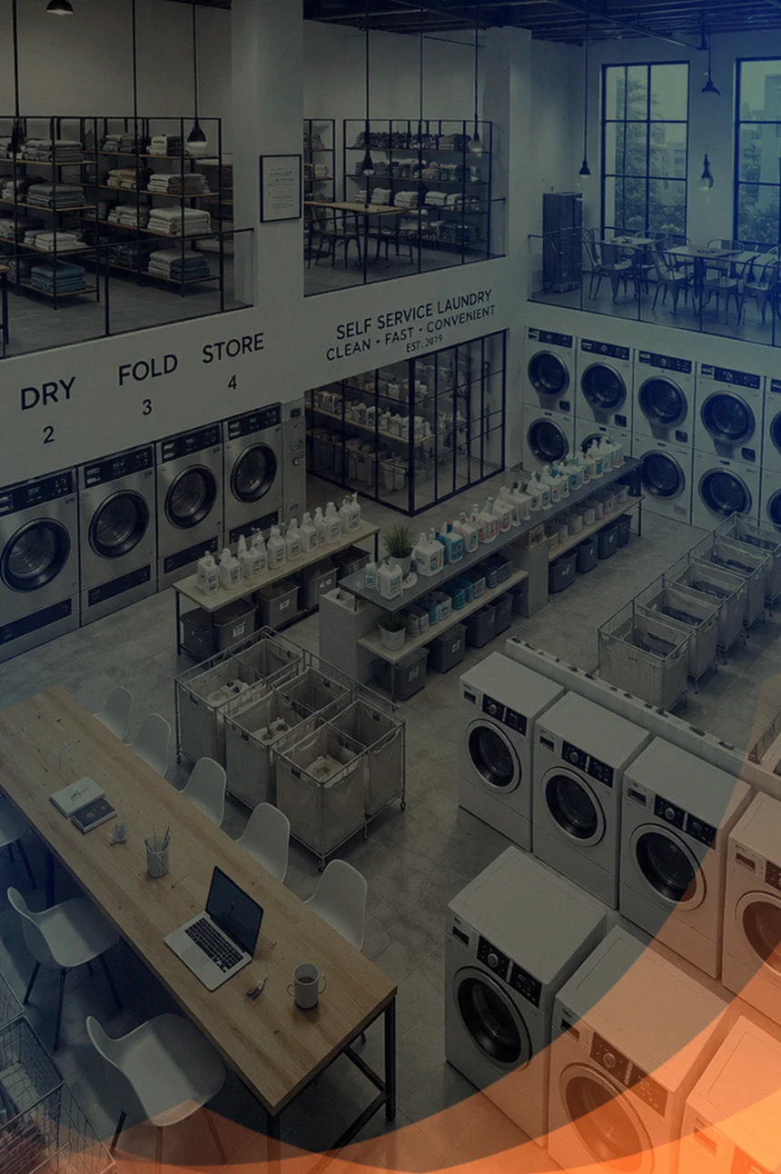 Rows of washing machines and folded linen inside a Sri Suria laundry outlet
