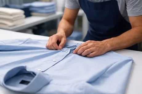 Staff inspecting a shirt before washing